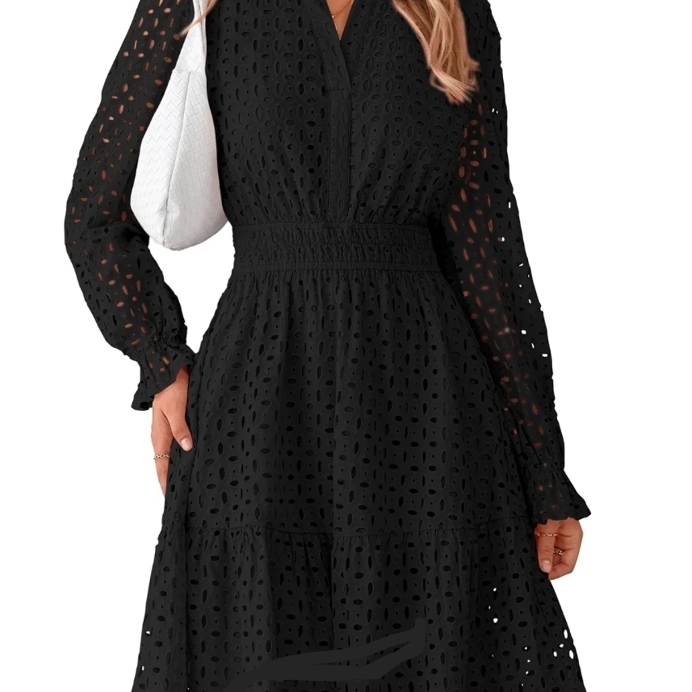 Chic Black Eyelet Long Sleeve Dress - Picture 2 of 11